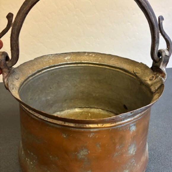 Antique Hand Hammered Copper Cauldron with Iron Handle Patina Pot - Picture 2 of 8